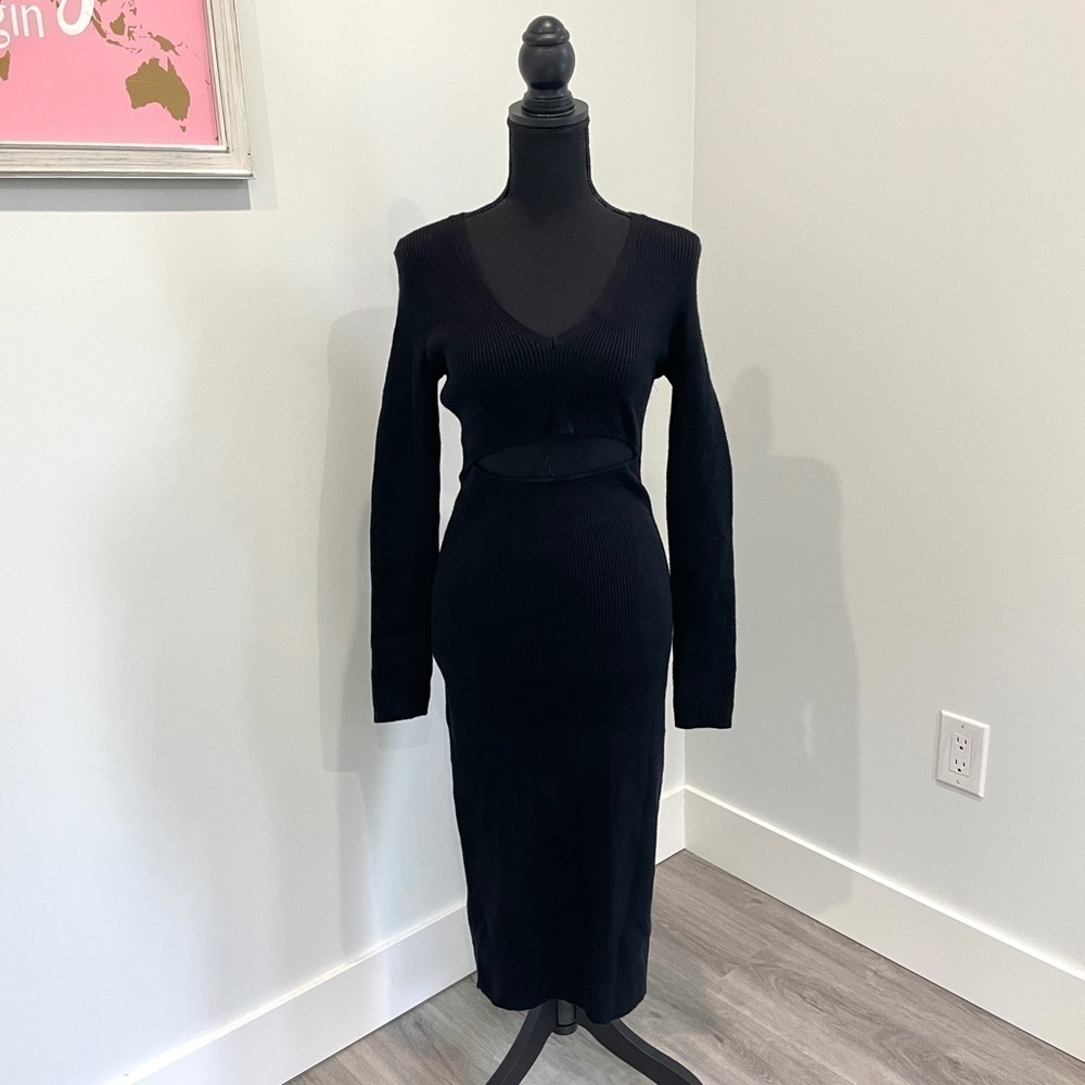 Open Edit Black Knit Long Sleeve V-Neck Front Cut Out Dress